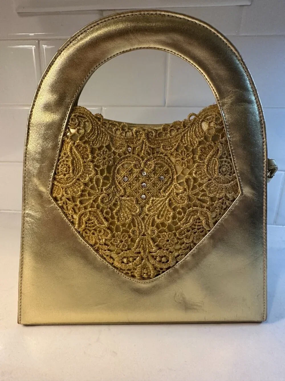 Stuart Weitzman Vintage Metallic Gold Patent Leather and Lace Evening Bag RARE